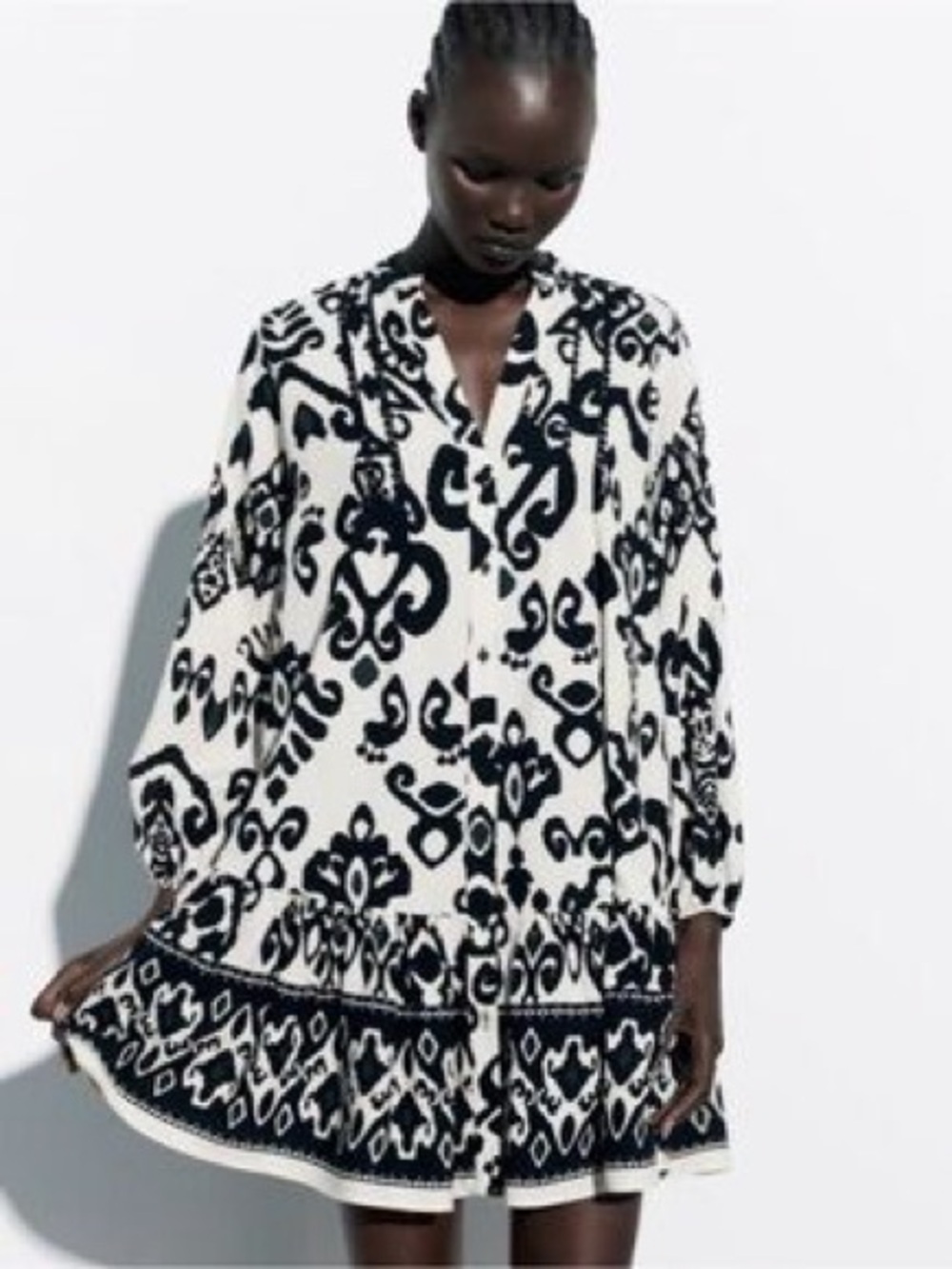 Zara Black and Cream Mini Ruffle Hem Line Dress  with 3/4 Bishop Sleeves